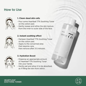 The ANUA HEARTLEAF 77% SOOTHING TONER by KOSMIC KBEAUTY SKINCARE comes in a white bottle with a simple label, ideal for sensitive skin. The product name and main ingredient percentage are clearly shown, complemented perfectly by a white cap for a minimalist look.