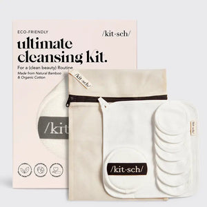 Presenting the KITSCH - ECO FRIENDLY ULTIMATE CLEANSING KIT, featuring reusable cotton rounds, a stylish mesh washbag, and a convenient case. Crafted from bamboo and organic cotton, it embodies sustainability. The packaging proudly displays eco symbols alongside the KITSCH brand name.
