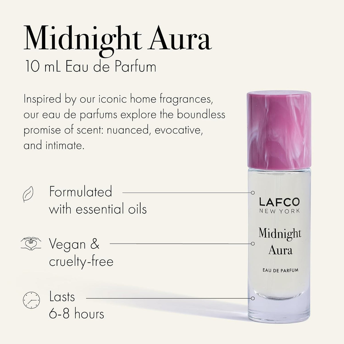 A person holds a 10ml bottle of LAFCO Fine Fragrance, Midnight Aura, on their bare shoulder against a soft purple background.