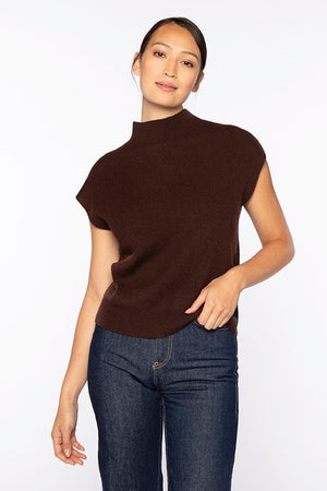 The KINROSS CASHMERE Rib Cap Sleeve Mock Neck Sweater, shown in blue with a sleeveless design, is displayed on a white background.