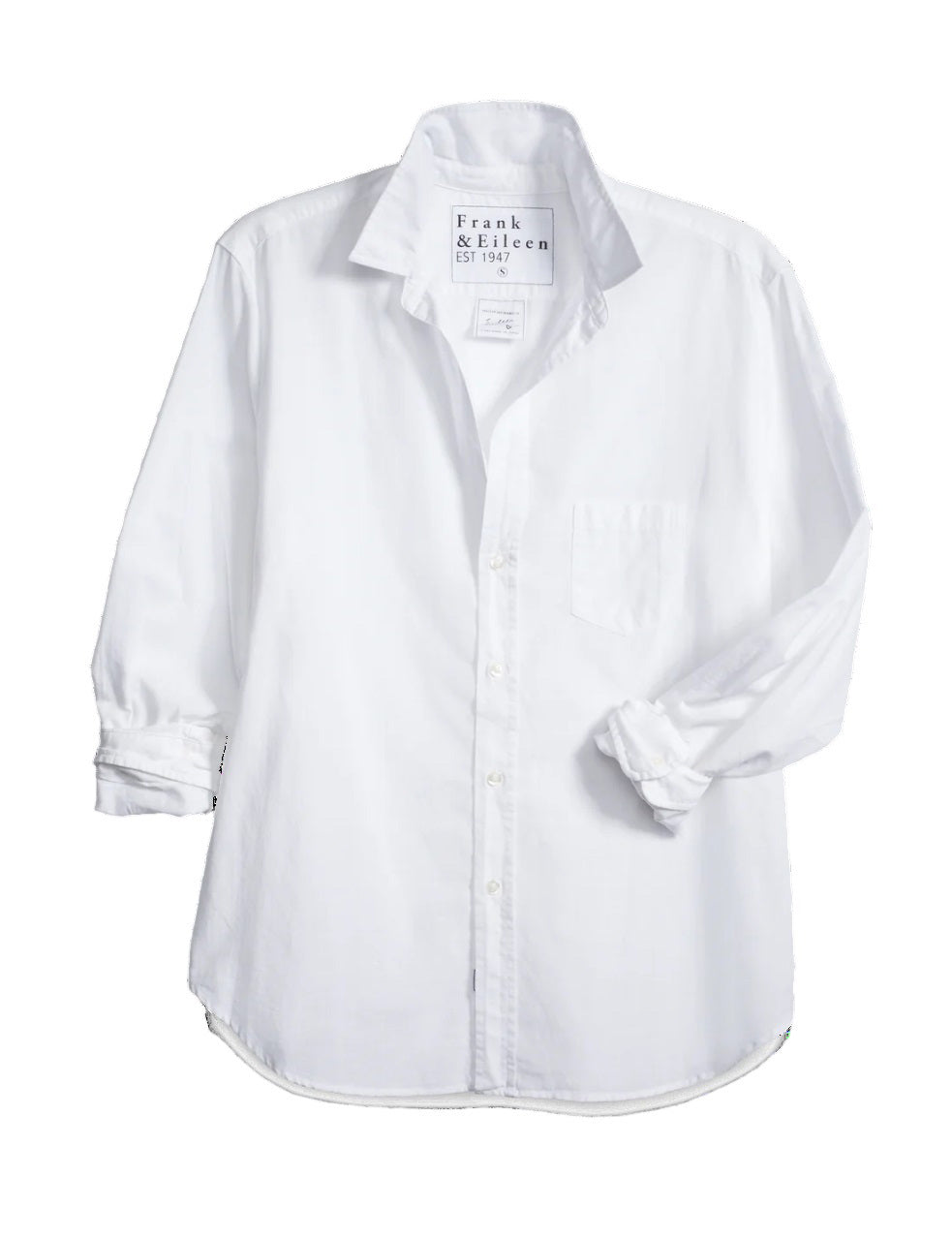 The EILEEN Relaxed Button-Up by Frank &amp; Eileen features a white chambray fabric with long sleeves, a chest pocket, and bust-flattering buttons. The collar displays "Frank &amp; Eileen EST. 1947," while the sleeves are slightly rolled for a casual look.