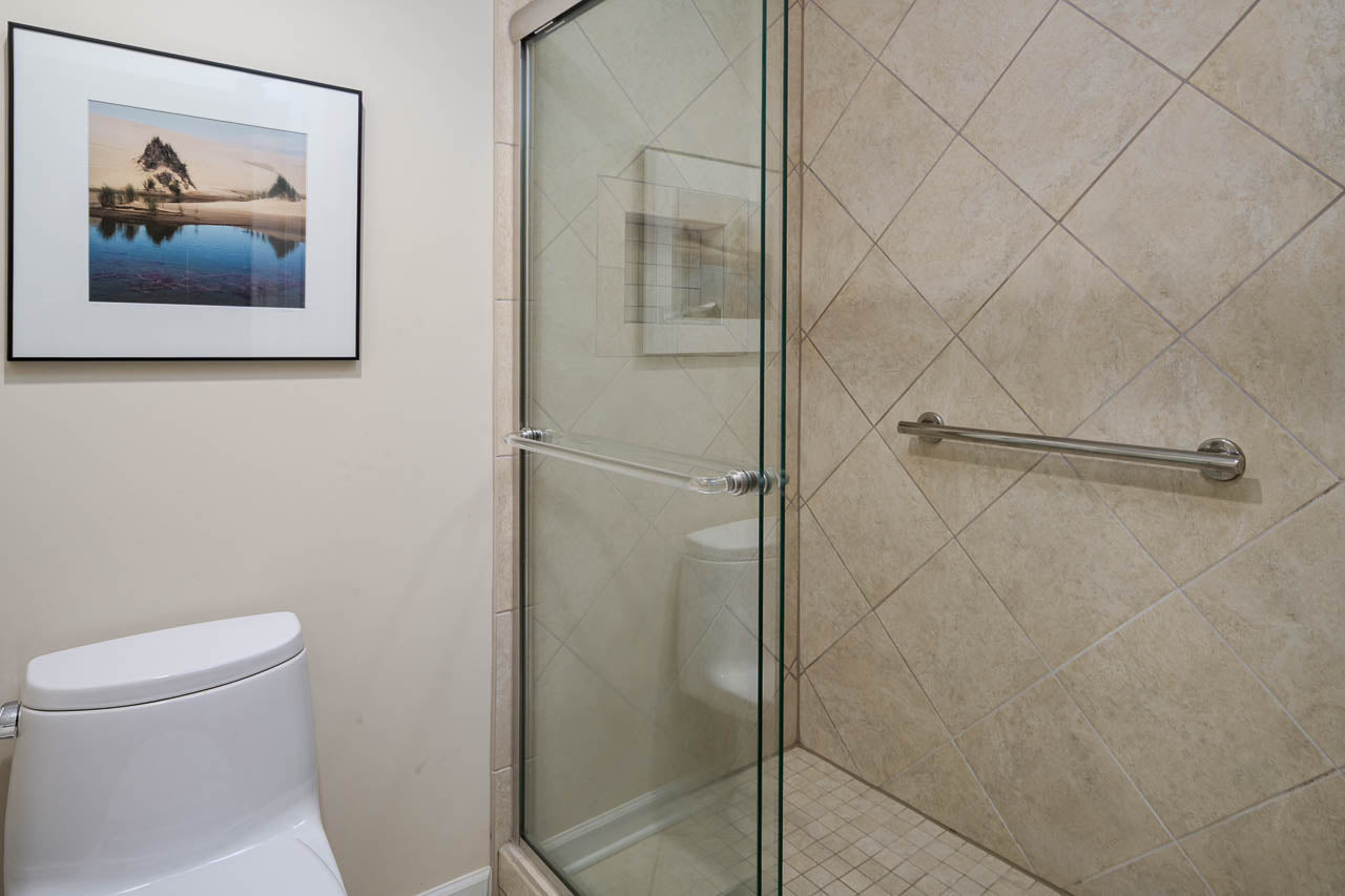 Modern bathroom with a glass-enclosed shower, beige tiled walls, a metal grab bar, and a white toilet. A framed landscape photo hangs on the wall beside the shower.