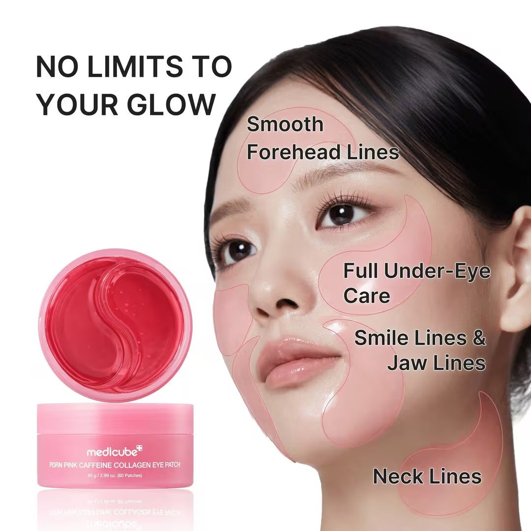 A pink tub labeled “MEDICUBE - PDRN CAFFEINE COLLAGEN EYE PATCH” from KOSMIC KBEAUTY SKINCARE, shown opened with a pair of crescent-shaped pink gel patches displayed above the container. These under-eye patches are infused with collagen to help hydrate and refresh the skin.