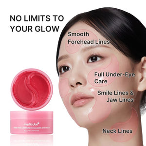 A pink tub labeled “MEDICUBE - PDRN CAFFEINE COLLAGEN EYE PATCH” from KOSMIC KBEAUTY SKINCARE, shown opened with a pair of crescent-shaped pink gel patches displayed above the container. These under-eye patches are infused with collagen to help hydrate and refresh the skin.