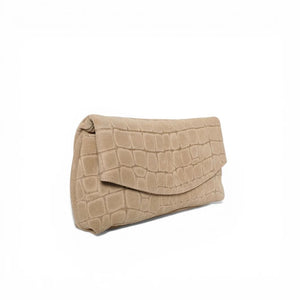 The OLIVEVE Valentina Clutch in Ecru Italian Croco-Embossed Suede, featuring a magnetic snap closure, is displayed on a white background.