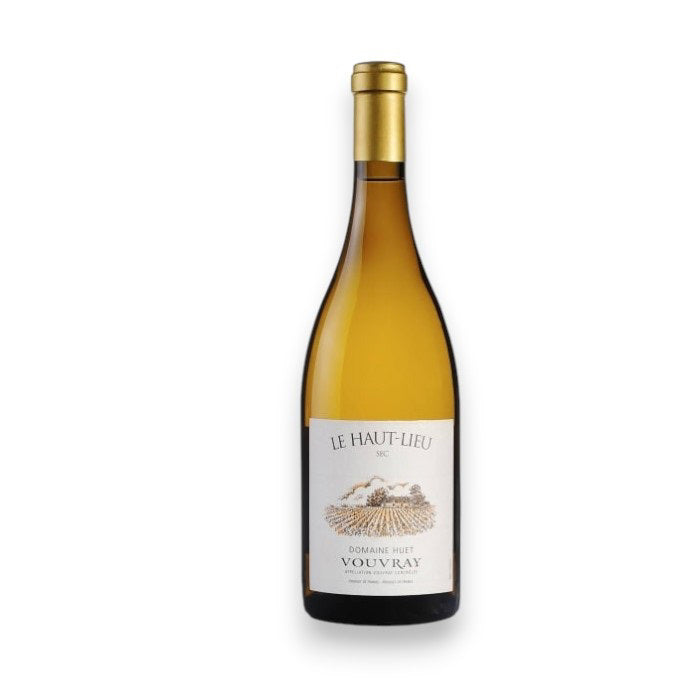 A bottle of DOMAINE HUET 'LE HAUT LIEU' VOUVRAY SEC 2019/2023 by ADVINTAGE sports a light golden label with a vineyard illustration, highlighting its Chenin Blanc origins from the Loire Valley, featuring a gold foil-wrapped neck against a plain white background.