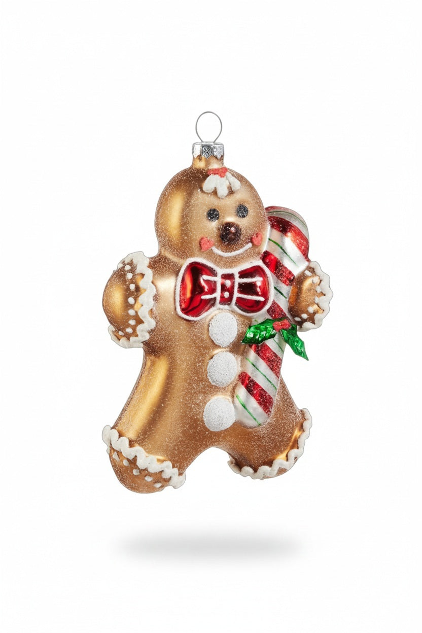 A RAZ IMPORTS GINGERBREAD MAN ORNAMENT crafted from decorative glass, wearing a red bow tie and holding a candy cane.