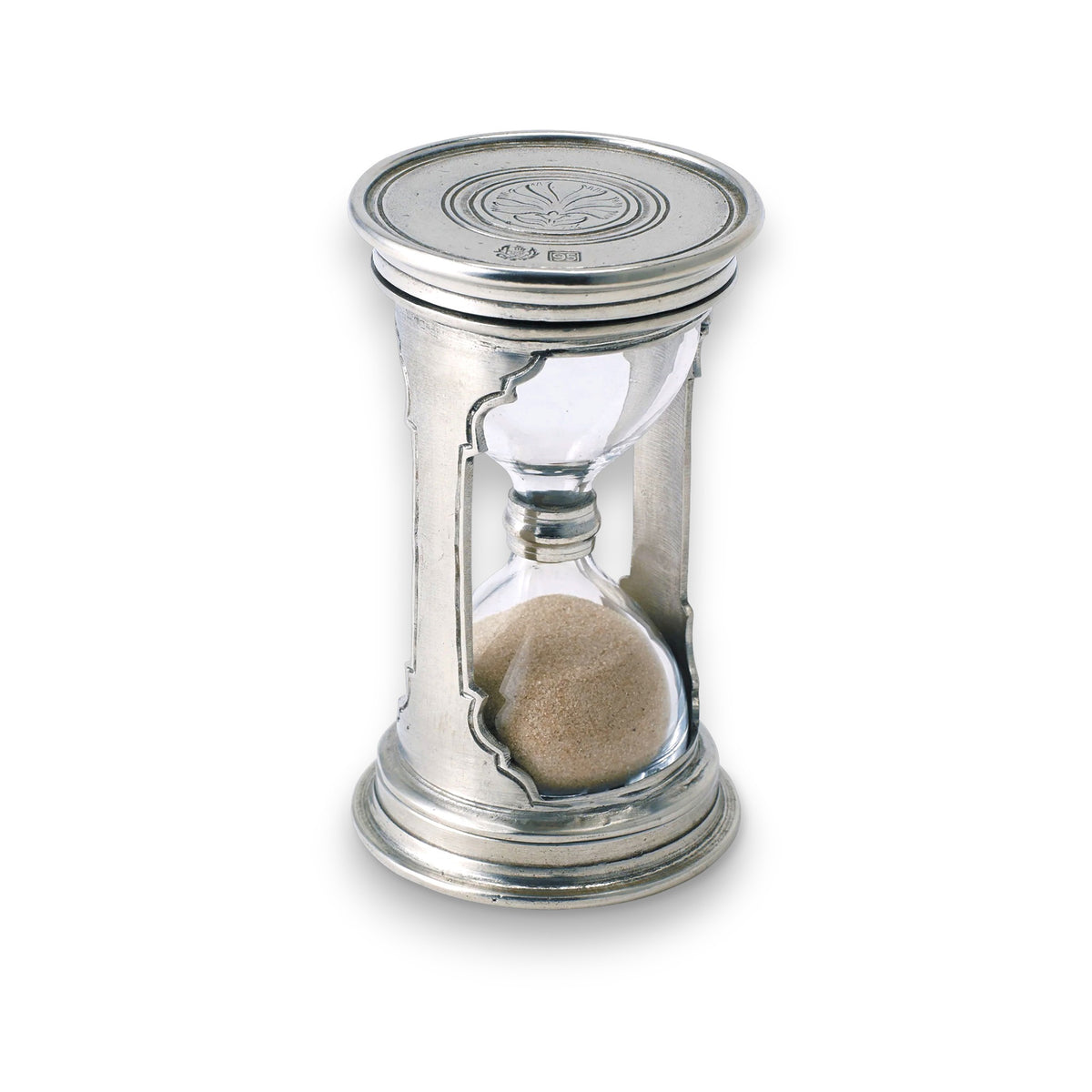 The MATCH - PEWTER ROUND HOURGLASS SMALL by MATCH stands upright on a white background, showing sand partially filled at the bottom inside its petite round frame.