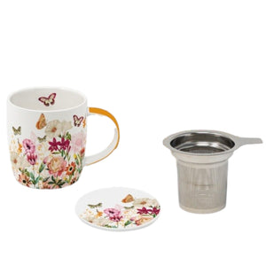 The ILLUSION TEA MUG WITH LID AND STRAINER by PAPER PRODUCTS DESIGN features a charming floral and butterfly motif, a matching lid, and a metal tea infuser, making this elegant bone china set perfect for savoring your favorite tea.