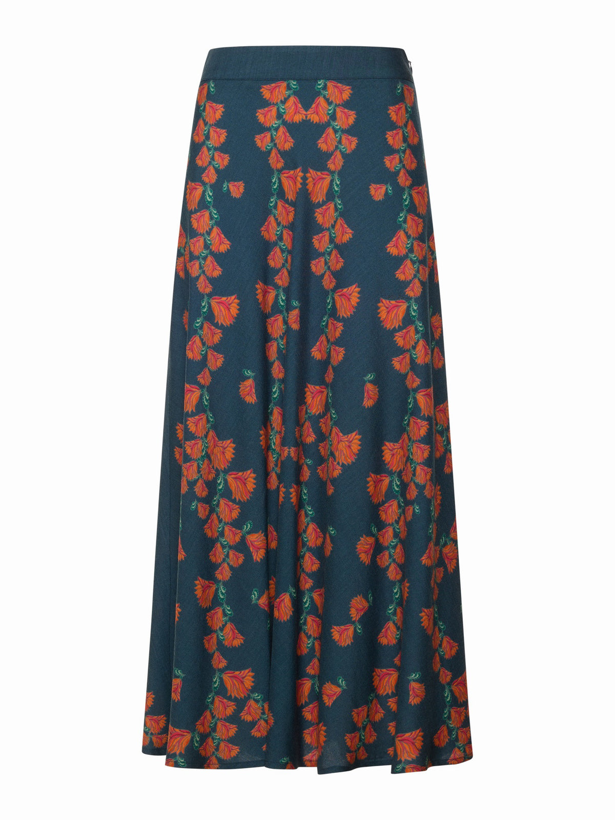 The FRANCO FERRARI JEMMA Wool Midi Skirt is a long, dark blue A-line skirt with red and orange floral prints and green stems, shown on a plain white background.