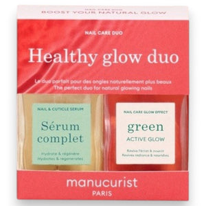 The MANUCURIST - HEALTHY GLOW DUO SET by MANUCURIST INC includes two nail care essentials—Sérum Complet and Green Active Glow—specially formulated to hydrate, regenerate, and nourish your nails for a revitalized appearance.