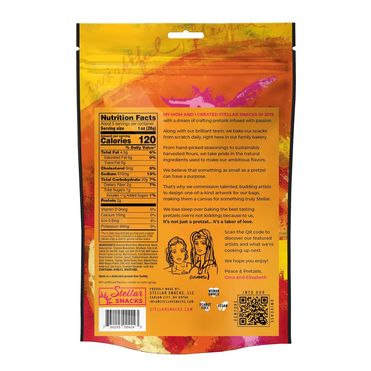 A vibrant 5 oz (141.7g) package of STELLAR SNACKS - PRETZEL BRAIDS FRENCH DIJON displays artistic orange and yellow splashes, featuring Non-GMO vegan butter braids with honey mustard seasoning.