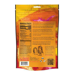 A vibrant 5 oz (141.7g) package of STELLAR SNACKS - PRETZEL BRAIDS FRENCH DIJON displays artistic orange and yellow splashes, featuring Non-GMO vegan butter braids with honey mustard seasoning.