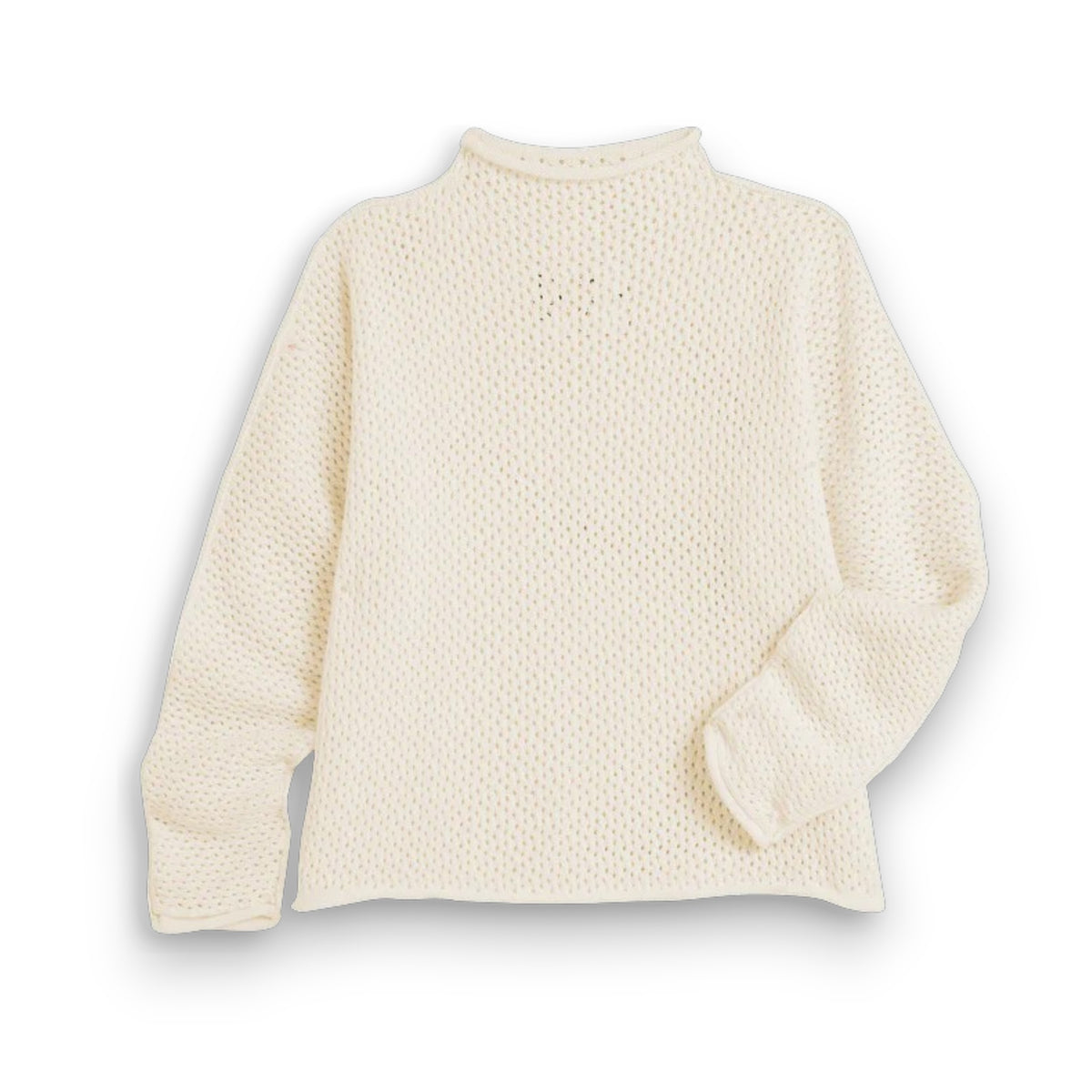 The FRANK &amp; EILEEN Monterey Pointelle Rolled Funnel Neck Sweater in ivory features a cream hue, long sleeves, waffle-knit texture, and luxurious Italian cotton, showcased flat on a white background.