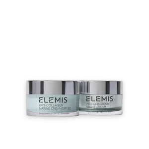 A dark blue ELEMIS - STEINER DAY & NIGHT WONDER DUO SKINCARE SET box with silver and white snowflake designs, featuring Pro-Collagen Marine Cream and Night Cream for radiant skin.