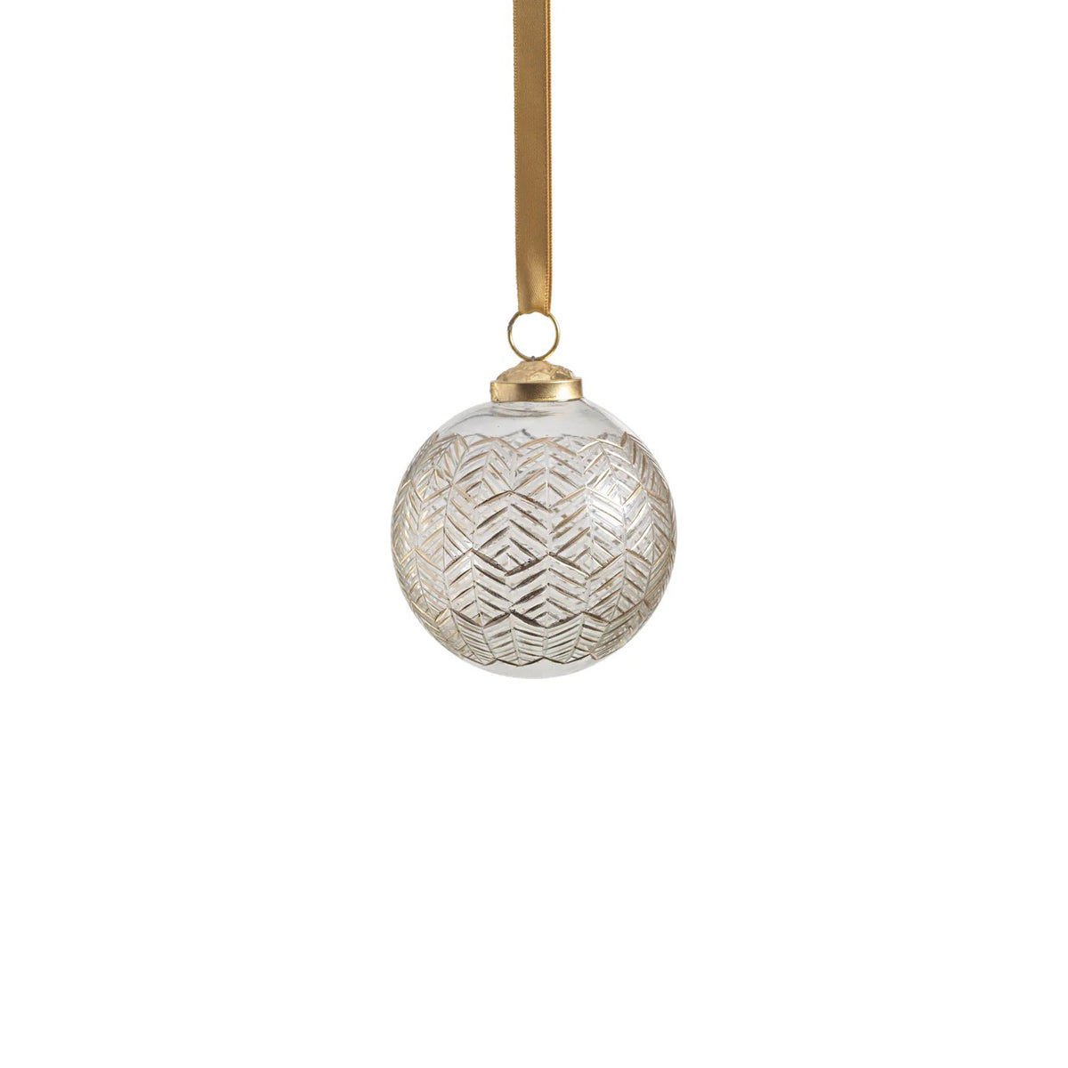 The ZODAX GOLDEN ECHOES PATTERN GLASS ORNAMENT is a 3-inch round glass ornament featuring a metallic gold geometric pattern and a matching gold ribbon, displayed against a white background.