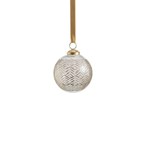 The ZODAX GOLDEN ECHOES PATTERN GLASS ORNAMENT is a 3-inch round glass ornament featuring a metallic gold geometric pattern and a matching gold ribbon, displayed against a white background.
