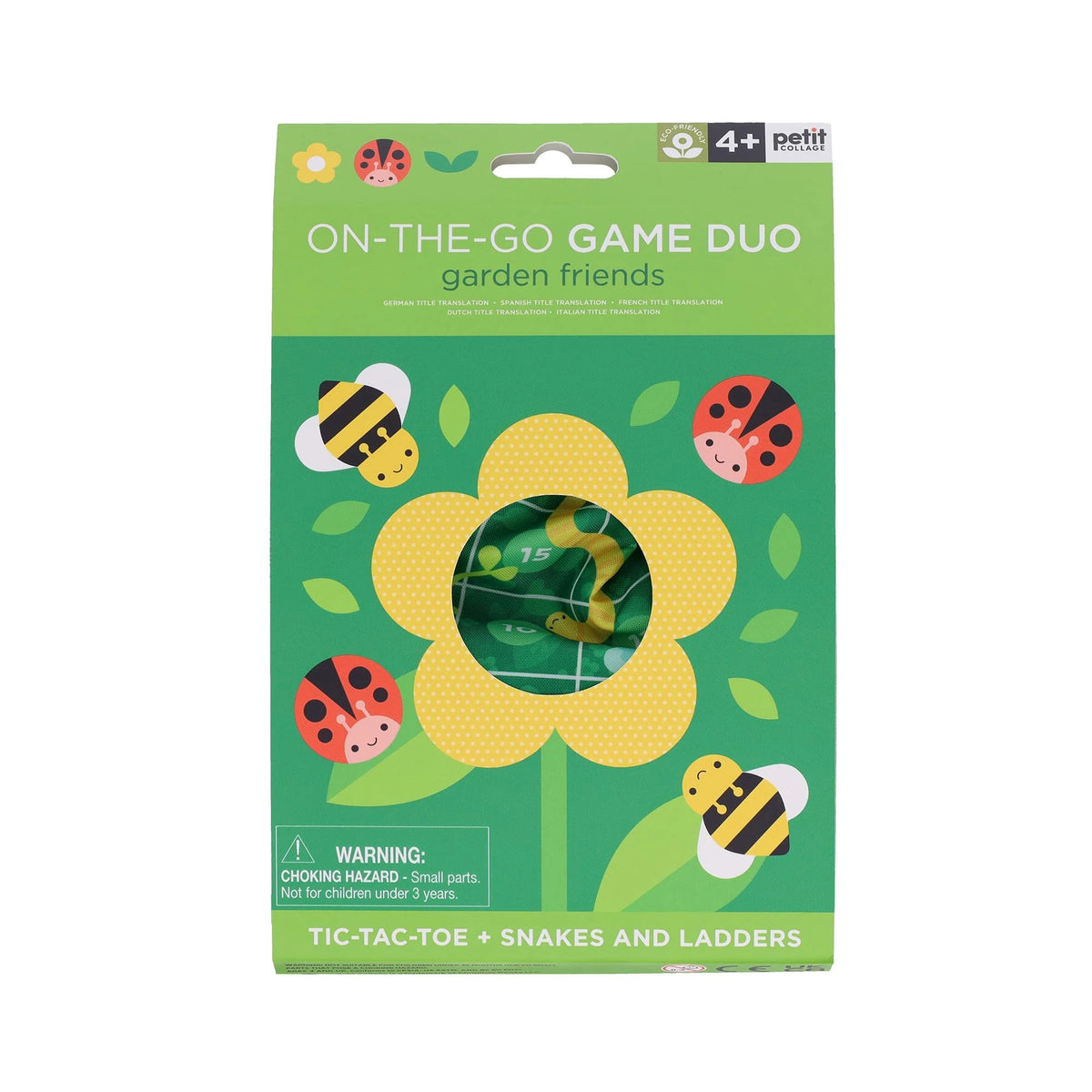 A green box labeled "ON THE GO GAME DUO GARDEN FRIENDS" by Petitcollage for ages 4 and up. It features images of ladybugs, bees, and a yellow flower. This travel game set includes Tic-Tac-Toe and Snakes and Ladders with a warning about small parts not being suitable for children under 3 years.