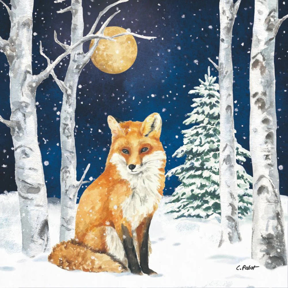 A red fox sits in snowy woods under a full moon, with birch trees and a pine, as PAPER PRODUCTS DESIGN&#39;s WINTER FRIEND BEVERAGE NAPKIN blends seamlessly into the wintry scene of falling snowflakes and a starry night sky.