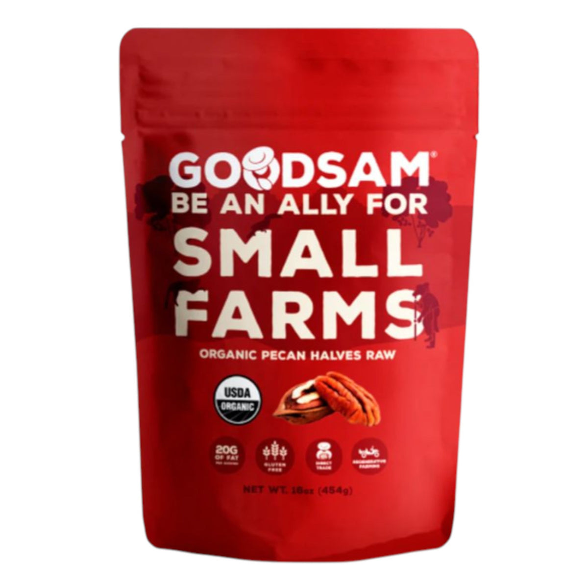 A red package labeled &quot;GOODSAM FOODS - ORGANIC PECAN HALVES&quot; contains organic, regenerative pecan halves. Features: USDA Organic, 20g protein per bag, vegan, gluten-free. Net wt: 16 oz (454 g).