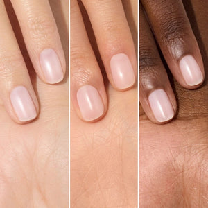 Three close-up photos of a fingernail: first, bare; second, after one coat of MANUCURIST - ACTIVE™ BLUR TREATMENT POLISH in a powder-pink shade (appearing slightly shinier); and third, after two coats (showing even glossier and smoother results). Each stage is clearly labeled to highlight the transformation, perfect for fans of MANUCURIST INC vegan nail care solutions.