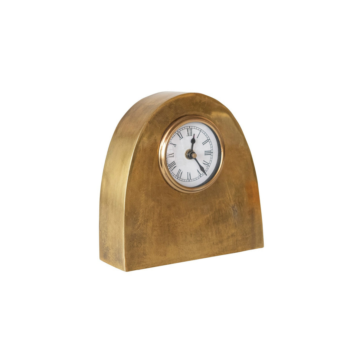 The CREATIVE COOP ARCHED METAL MANTEL CLOCK features an antique gold finish, a rounded top, and Roman numerals on a white face, shown against a plain white background.