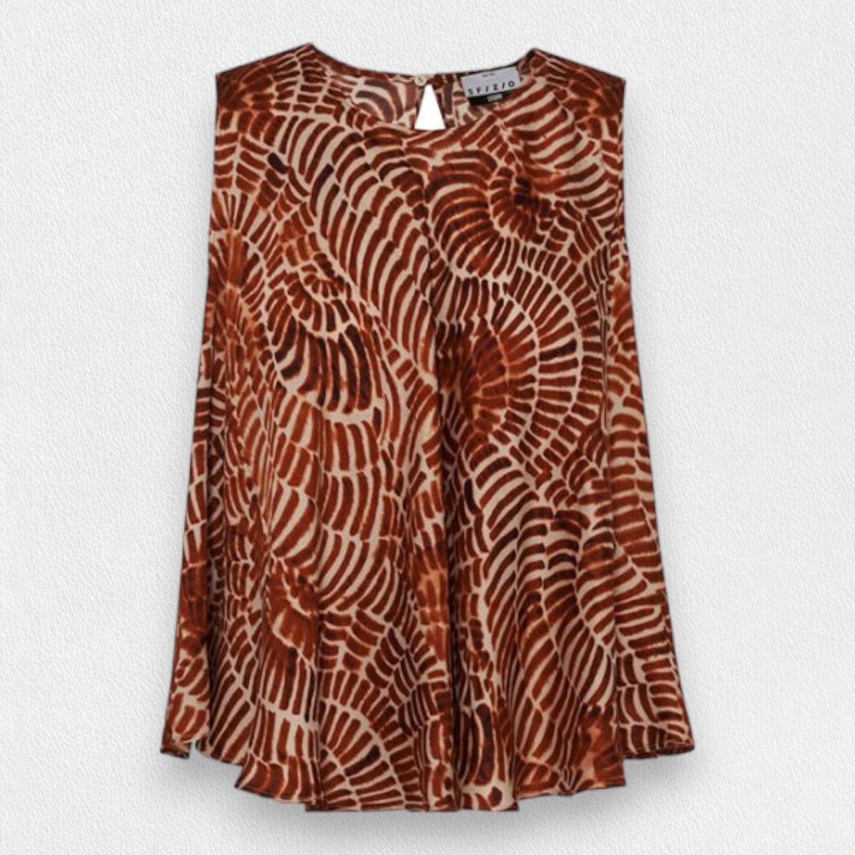 Introducing the SFIZIO - RUST PRINT SLEEVELESS TOP by SFIZIO: a sleeveless blouse adorned with brown and white geometric patterns. This top features a keyhole opening at the neckline and is crafted from 100% lightweight viscose, prized for its elegant drape. The blouse is showcased on a white textured background.