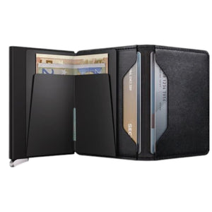 A SECRID - PREMIUM SLIMWALLET+ EMBOSS LINES IN BLACK, crafted from black leather with embossed horizontal lines, features a secure metal button closure, a side card slot, and the SECRID logo embossed on the lower front. This wallet is RFID-protected for added security.