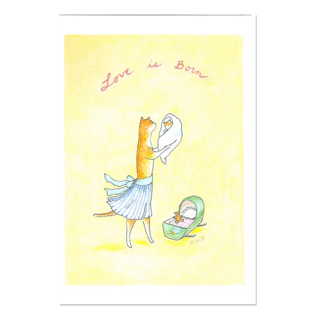 Featuring a charming illustration of an orange cat in a blue skirt holding a baby wrapped in a blanket, along with another baby sleeping peacefully in a nearby green bassinet, the CIAO BELLA - LOVE IS BORN CARD by CIAO BELLA is perfect for any occasion. The words "Love is Born" are elegantly written in pink cursive at the top against a cheerful yellow background. This delightful card comes with an envelope included, making it an ideal blank note card.