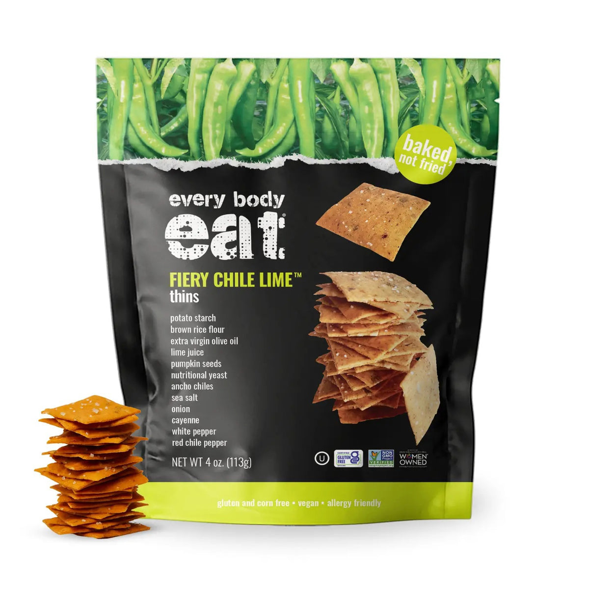 A bag of EVERY BODY EAT FIERY CHILE LIME SNACK THINS 1 OZ is displayed, with allergy-friendly thins from EVERY BODY EAT stacked in front. The packaging promotes these vegan, gluten-free snacks as allergy-friendly and features an image of green beans at the top.