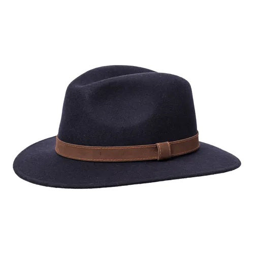 The WIGENS - COUNTRY TRAVELER HAT 6.5 BRIM is a classic dark blue wool felt fedora with a wide brim and brown leather band, shown against a white background.