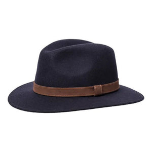 The WIGENS - COUNTRY TRAVELER HAT 6.5 BRIM is a classic dark blue wool felt fedora with a wide brim and brown leather band, shown against a white background.