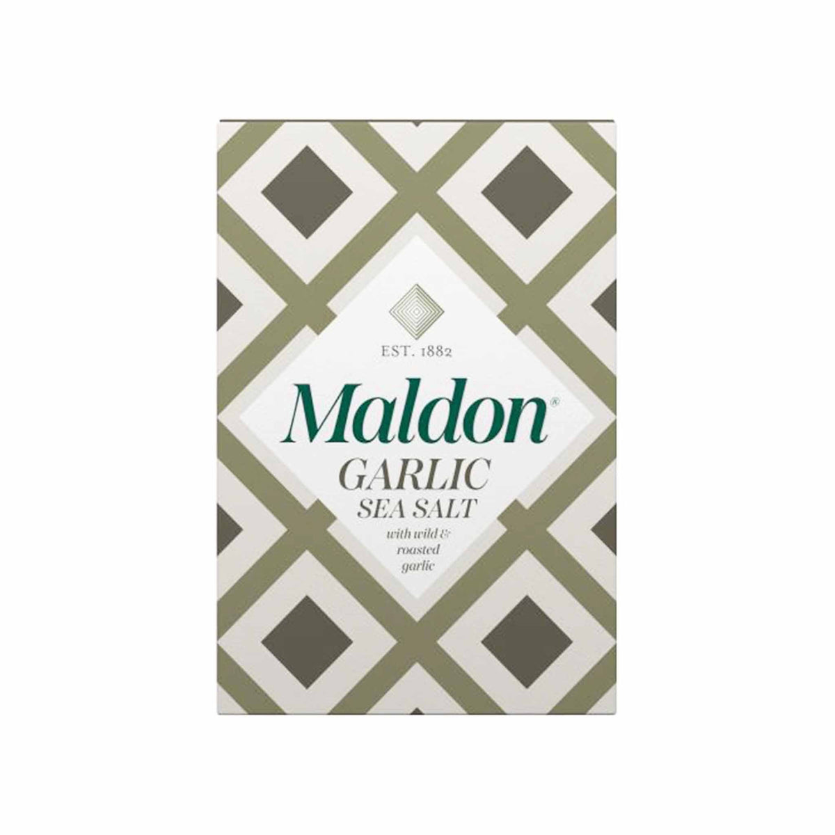 A box of GOURMET FOOD SOLUTIONS&#39; MALDON - GARLIC SEA SALT is placed on a bed of coarse salt with herbs and garlic flakes scattered around. The box, in a green and white geometric design, reads &quot;MALDON - GARLIC SEA SALT&quot; and &quot;with white &amp; roasted garlic,&quot; established 1882—proudly showcasing its English sea salt heritage.