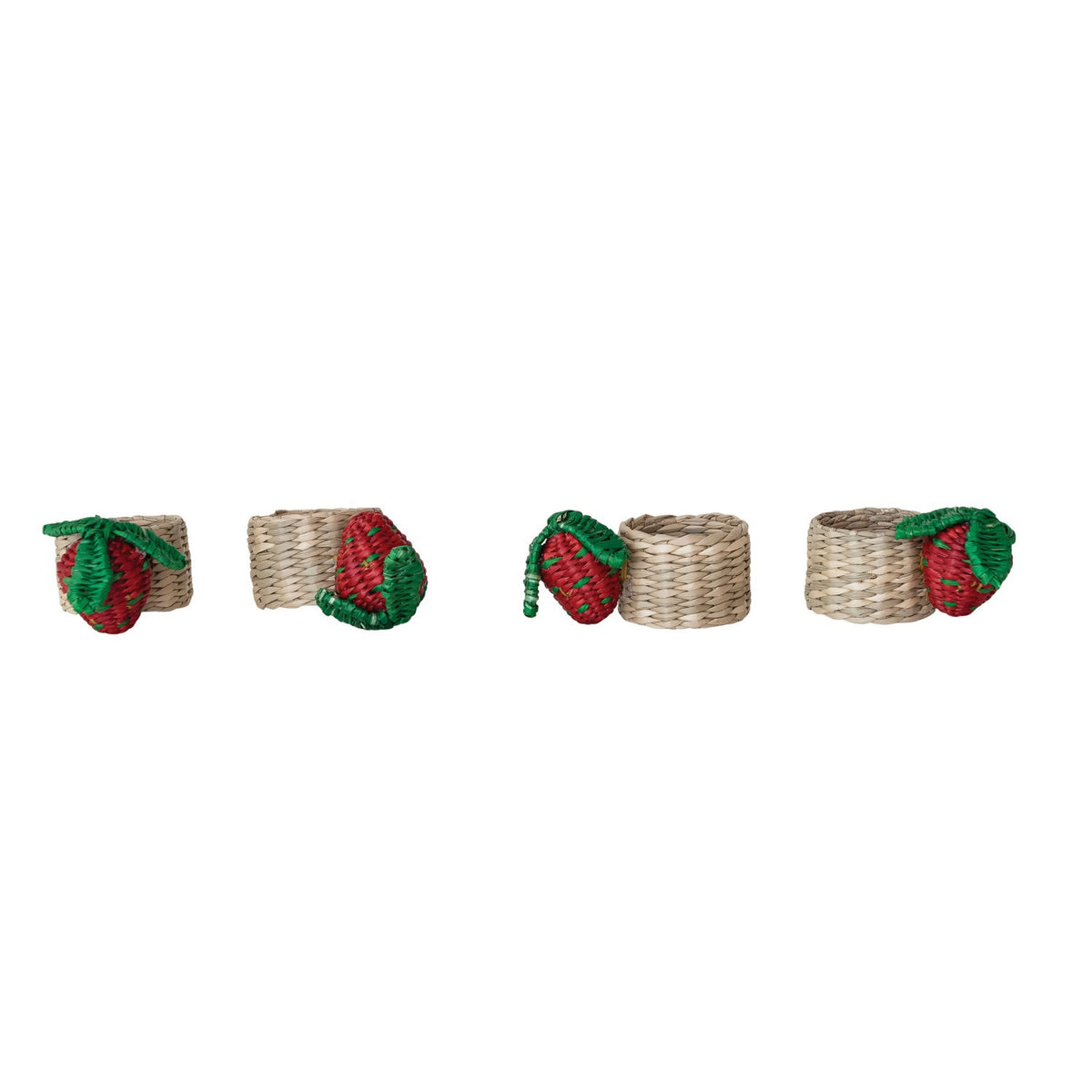 The CREATIVE COOP HAND-WOVEN SEAGRASS STRAWBERRY NAPKIN RINGS, SET OF 4, feature red and green strawberry accents and are displayed on a white background.