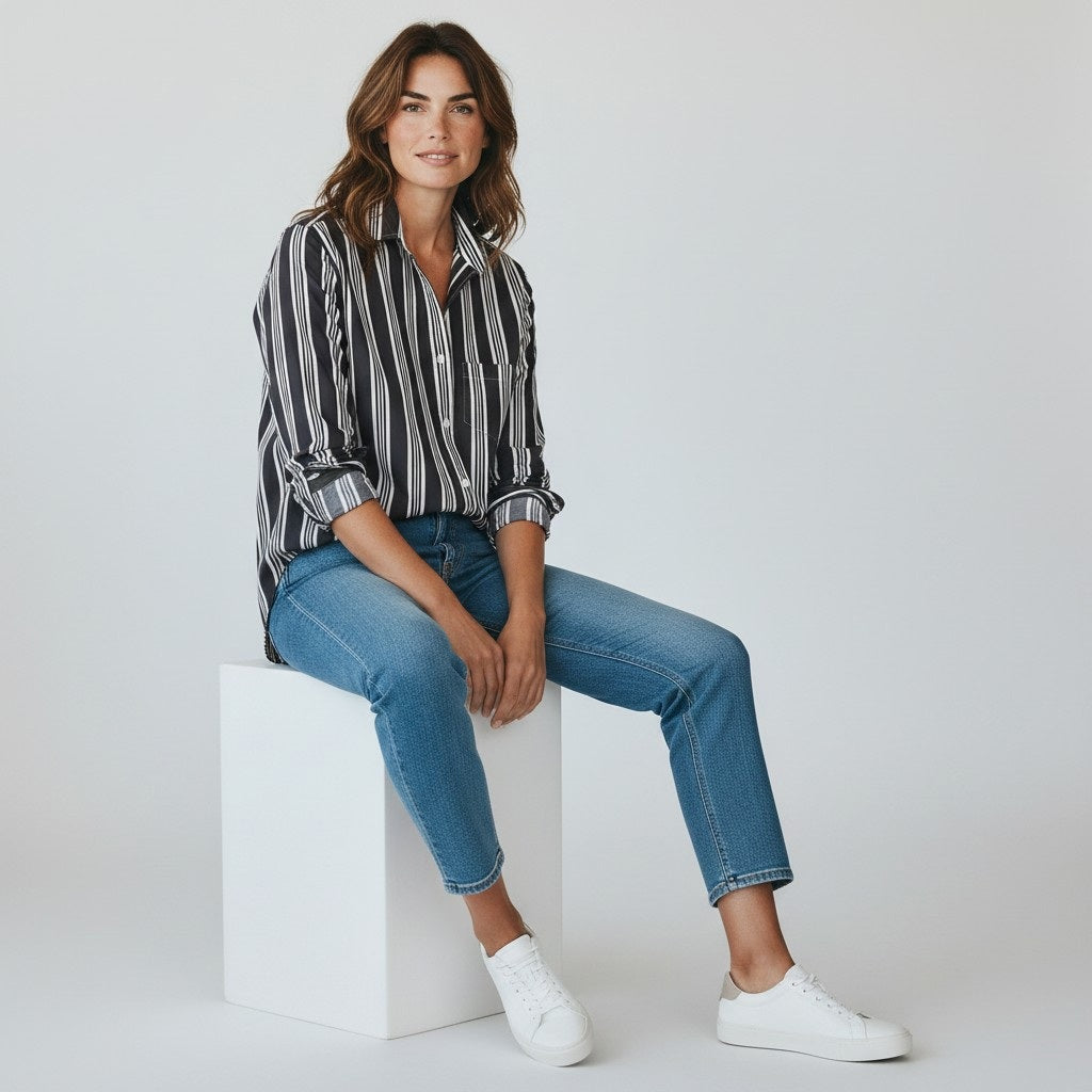 A woman with wavy brown hair sits on a wooden bench outdoors, surrounded by green fields and hills beneath a cloudy sky. She is wearing blue jeans and the FRANK & EILEEN EILEEN Relaxed Button Up in Italian Brushed Superluxe Cotton Black and Tan Stripe by FRANK & EILEEN.