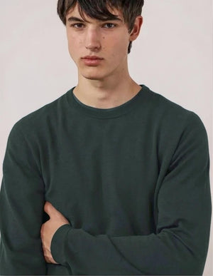 A young man stands with his hands in his pockets against a white background, wearing the HARTFORD Extra-Fine Merino Wool Crew Pullover in Forest and light-colored pants.
