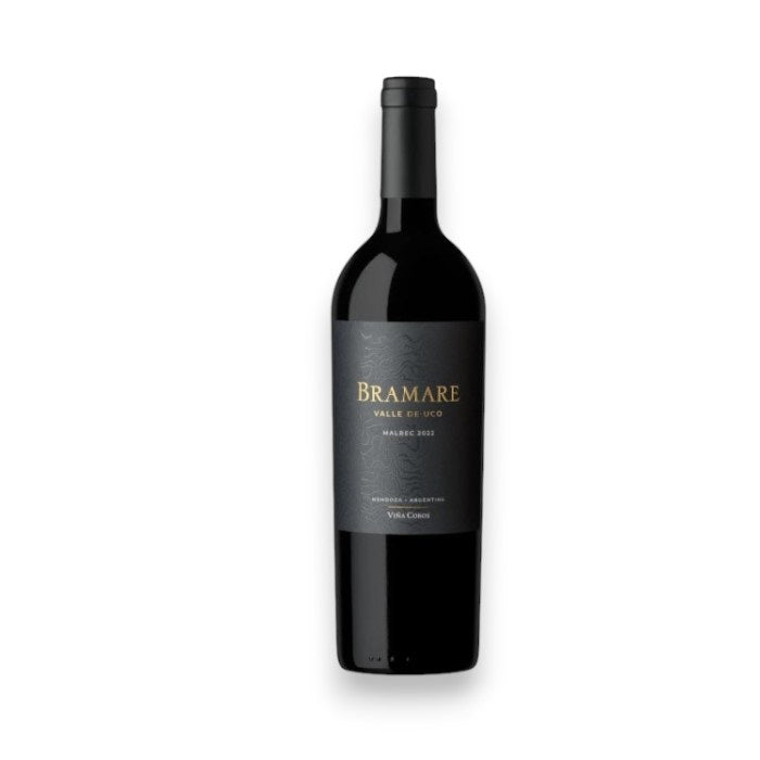 A bottle of VIÑA COBOS 'BRAMARE' MALBEC 2022 from Argentina's Uco Valley. The label is dark with gold and white text, featuring a minimalist design, and the classic-shaped dark glass bottle reflects its Mendoza heritage. Brand: WINEBOW.