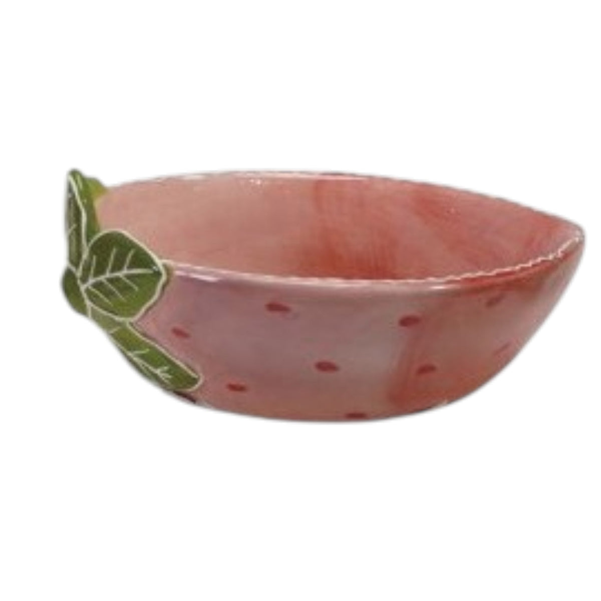The CREATIVE COOP HAND-PAINTED STONEWARE STRAWBERRY SHAPED BOWL, SMALL features pink glaze, red dots, and a green leaf accent—a decorative piece that adds a sweet touch to your kitchen or tableware.