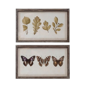 The CREATIVE COOP WOOD-FRAMED WALL ART WITH BOTANICALS OR BUTTERFLIES, MEDIUM, showcases four unique pressed leaves on a light background, adding rustic, vintage charm to any nature-inspired space.