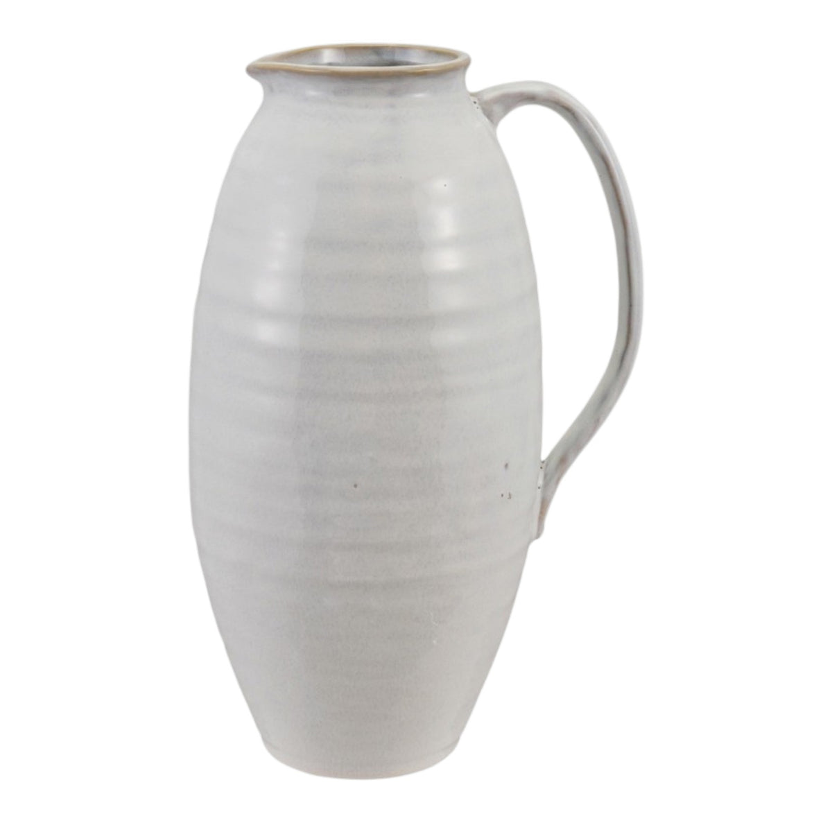 The WHITE STONEWARE PITCHER by CREATIVE COOP features a tall, oval shape, narrow neck, single curved handle, and a smooth light gray finish.