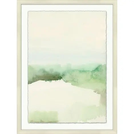 Introducing the EMERALD LANDSCAPE 2 ARTWORK by WENDOVER—an abstract, minimalist watercolor print featuring a soft green landscape with a pale sky and distant trees. Gentle, blended colors and blurred edges create a serene effect on high-quality matte paper. Framed in a simple silver frame. In-store pickup available.