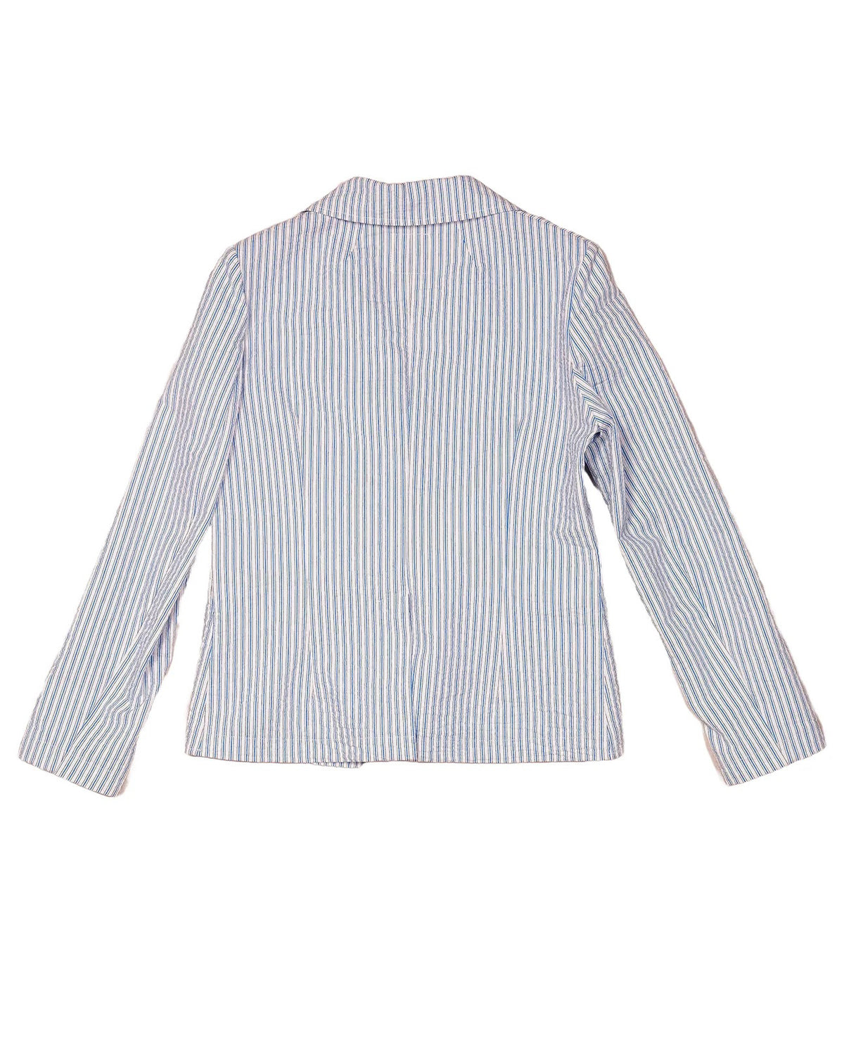 The Little Project&#39;s Georgia Blazer in Puckered Stripes offers a tailored fit with blue and white pinstripes, notched lapel, single-button closure, two front pockets, full lining, and a visible care label inside the neck.