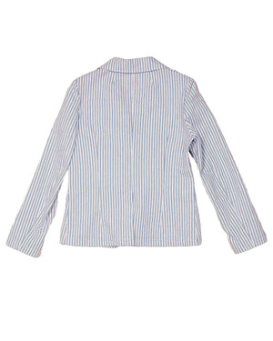 The Little Project's Georgia Blazer in Puckered Stripes offers a tailored fit with blue and white pinstripes, notched lapel, single-button closure, two front pockets, full lining, and a visible care label inside the neck.