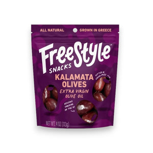 The purple FREESTYLE SNACKS package of seasoned Kalamata olives in extra virgin olive oil says "Olives, Reimagined." It offers non-GMO, gluten-free nutrition details and suggests pairings like hummus and goat cheese. Enhanced with sea salt, it includes a resealable opening.