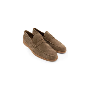 COLLARS AND CO's Sigaro Penny Loafers in dark tobacco suede are men's slip-on loafers with low heels, rubber soles, and a decorative strap across the top, shown against a white background.