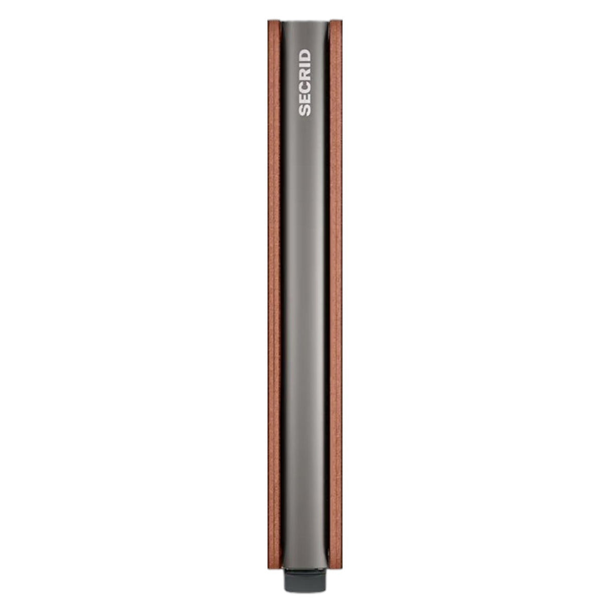 A slim, rectangular SECRID Slimwallet Texano in Saddle stands vertically, featuring a metallic finish with wooden sides. The brand name “SECRID” is printed in white near the top, exemplifying a blend of style and RFID protection for your essentials.