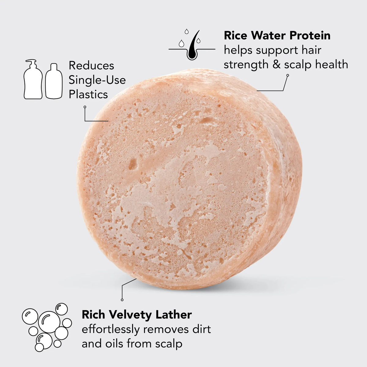 Image of a KITSCH Rice Water Protein Solid Shampoo Bar, featuring a marbled light brown shade. Packaged on a white box labeled for hair growth, it's color-safe, pH balanced, and vegan. Net weight: 3.2 oz (91g).