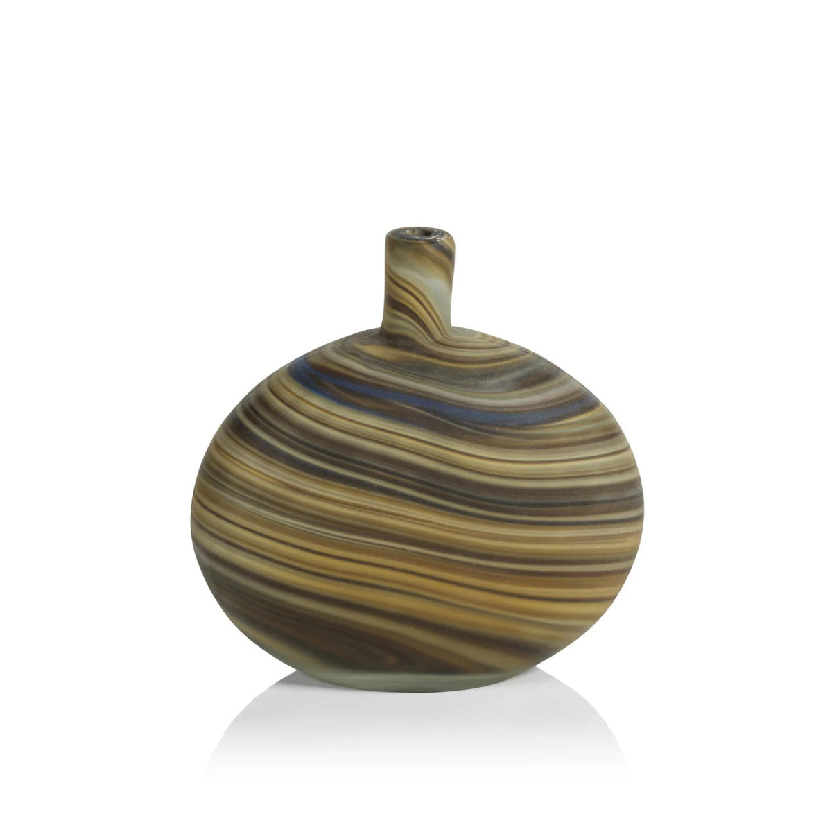 The ZODAX LUCCA MARBELIZED GLASS VASE - SHORT is a round, flat vase with a small off-center neck, featuring brown, tan, and blue marbled stripes, displayed on a white background.