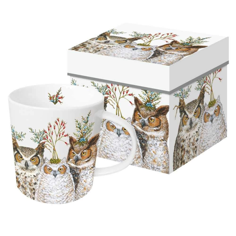 The PAPER PRODUCTS DESIGN Holiday Hoot Beverage Napkin features festive illustrations of three owls with green and red foliage, making this nature-themed napkin a perfect seasonal accent for your holiday gatherings.