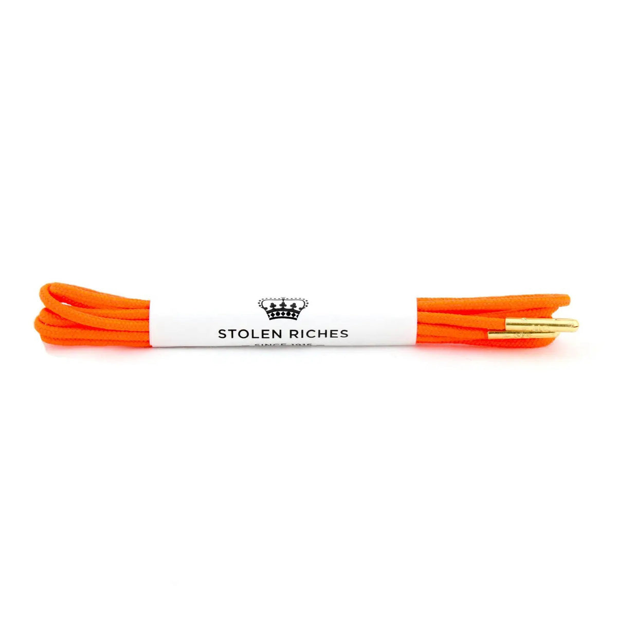 STOLEN RICHES - HAPPIEST ORANGE DRESS SHOELACE: Bright orange premium laces with gold aglets, neatly folded and wrapped in a white band labeled “STOLEN RICHES” with a black crown logo. Durable, stylish upgrade for any footwear.